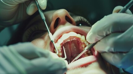 Close-up of dentist examining teeth with instruments, patient in dental chair, clean and bright