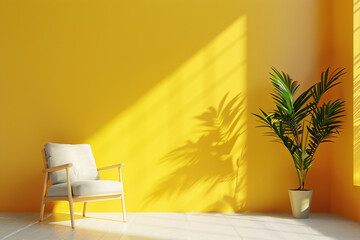 3D rendering of a modern interior design with an armchair and plant on a yellow wall background, in the minimalist style, empty space for text or a product mockup. Bright room light and shadow effect.