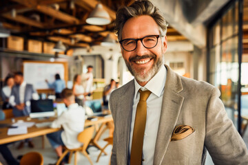 Fototapeta premium Confident businessman in modern office setting, smiling and looking at camera while colleagues work in the background.