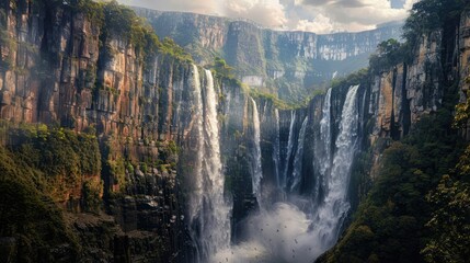 A dramatic waterfall tumbling into a deep gorge, with towering cliffs and dense forest on either side.
