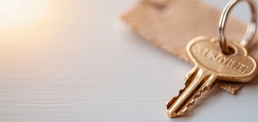 Close-up of a gold key on a keyring with a leather tag on a light wooden surface, bathed in warm sunlight.