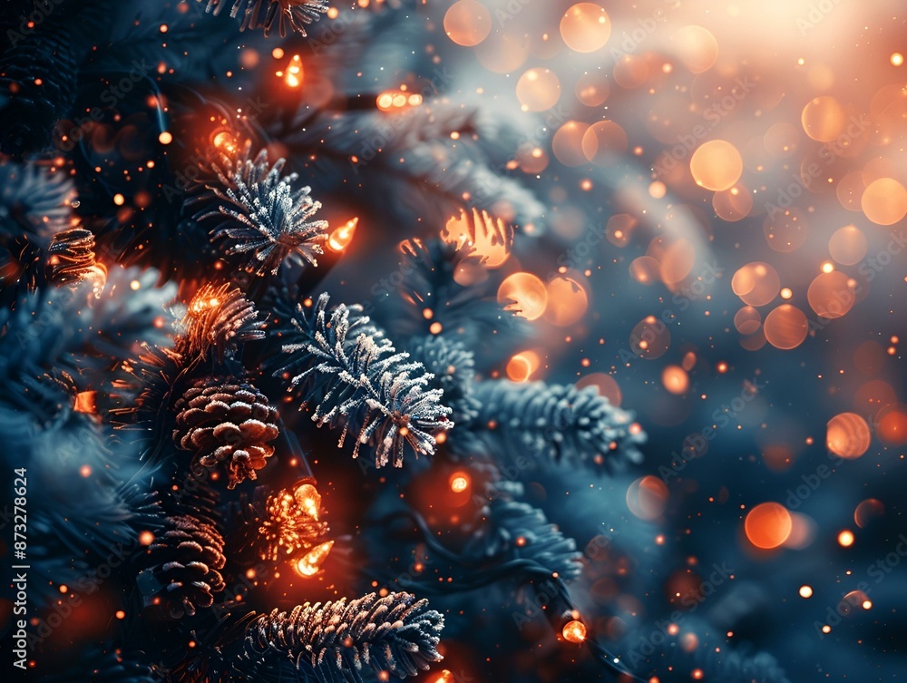 Poster a festive christmas tree adorned with twinkling lights and covered in a dusting of snow.