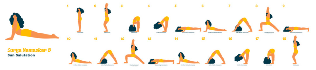 Surya Namaskar B. Sun Solutation. Dark skin tone female perform yoga poses isolated on white background. Vector collection.