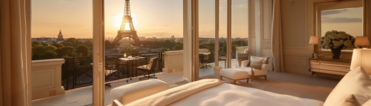Luxurious hotel room with a stunning Eiffel Tower view at sunset, showcasing elegance and comfort with modern decor.
