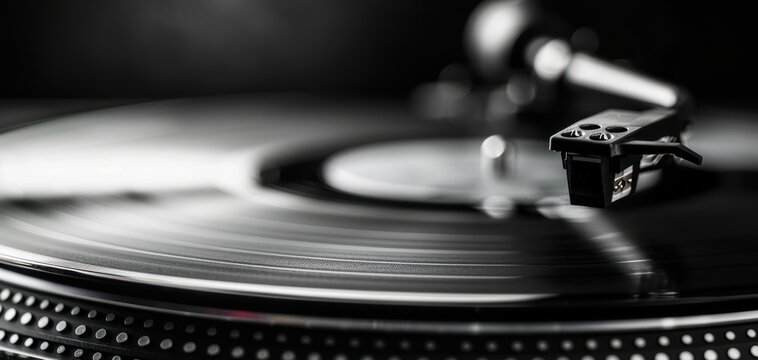 Close-up of a spinning vinyl record on a turntable with a stylus needle in focus. Perfect for music, retro, or vintage themes.