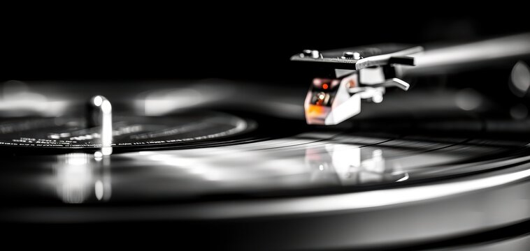 Close-up of a turntable needle playing a vinyl record with a blurred background, capturing the essence of analog music in high detail.