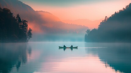 Two kayakers paddle through the tranquil waters of a mist-covered lake at sunrise. The scene is enveloped in a soft, ethereal mist, with the silhouettes of mountains and trees in the background. 