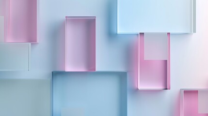 Minimalist tech design with frosted glass rectangles in pastel pink and blue, against a white backdrop.