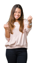 Young beautiful brunette woman wearing pink sweatshirt over isolated background very happy and excited doing winner gesture with arms raised, smiling and screaming for success. Celebration concept.