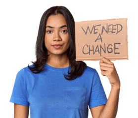 Young filipino advocating with "need change" sign