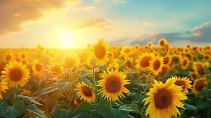Fototapeta premium A vast field of sunflowers in full bloom, bathed in the warm, golden light of the setting sun
