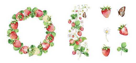 Watercolor straberry set wit wreath, berry and flowers