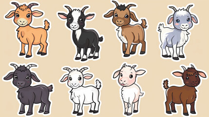 Fototapeta premium Cute cartoon goats are designed to be printed as stickers.