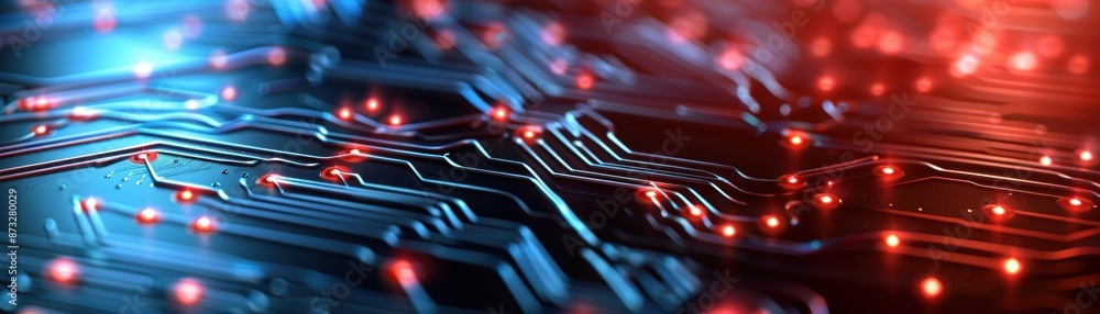 Poster macro view of complex electronic circuit with glowing components in blue and red tones, showcasing i