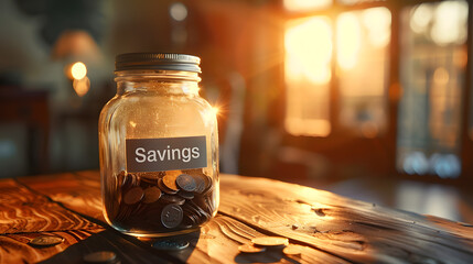 A jar full of coins with the word savings written on it