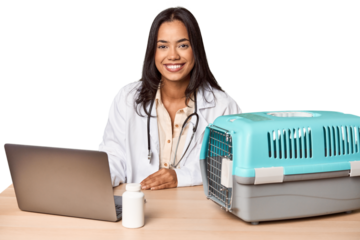 Young Filipino vet with laptop and carrier, caring