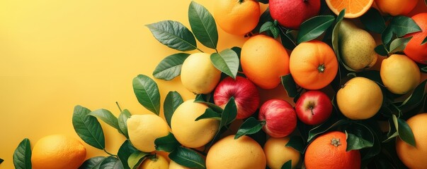 A vibrant assortment of fresh fruits including apples, oranges, lemons, and leaves on a yellow background, perfect for healthy lifestyle photos.
