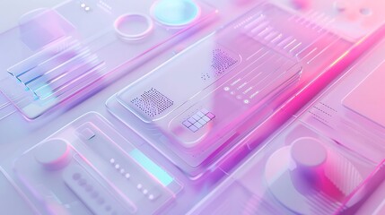 Minimalist technology dashboard with frosted glass shapes in shades of pink and purple, on a white background.