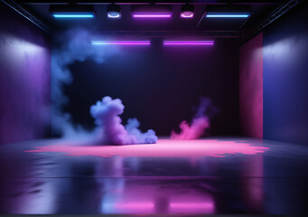 The dark stage shows, empty dark blue, purple, pink background, neon light, spotlights, The asphalt floor and studio room with smoke float up the interior texture for display products. Generative AI.	