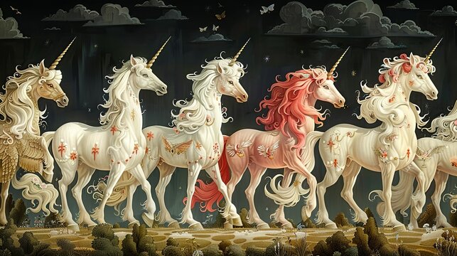 Mythical creature parade with griffins, centaurs, and unicorns in a parade. , Minimalism,