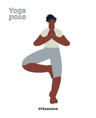 Dark skin tone male perform yoga pose isolated on white background. Vrksasana - Tree Pose.