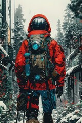 Obraz premium A colorful anime-style illustration of a post-apocalyptic survivor with a rugged outfit, adorned with makeshift gear.