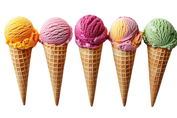A variety of ice cream flavors in waffle cones, transparent background
