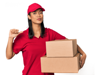 Young Filipina courier with two packages feels proud and self confident, example to follow.