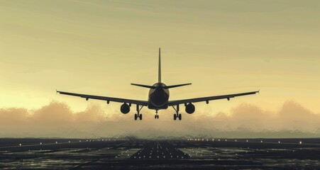Naklejka premium Airplane landing on runway during golden hour. Concept of travel, tourism, aviation, transportation, and arrival.