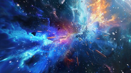 Fototapeta premium Explosive cosmic scene with blue and orange nebulae, stars, and debris, depicting outer space.