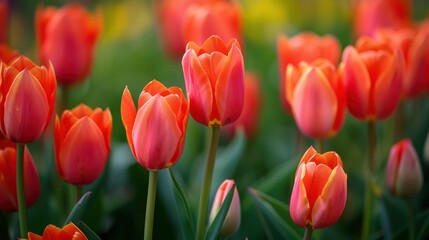 Obraz premium Vibrant red tulips blooming amid fresh green foliage in a garden