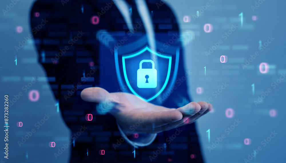 Aufkleber businessman protecting personal data information.cyber security protection concept.protecting hersel