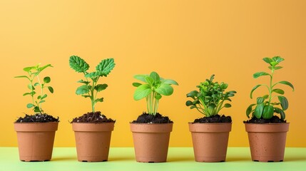 Obraz premium Five small green plants growing in terracotta pots against a vibrant orange background, showcasing indoor gardening and plant care.