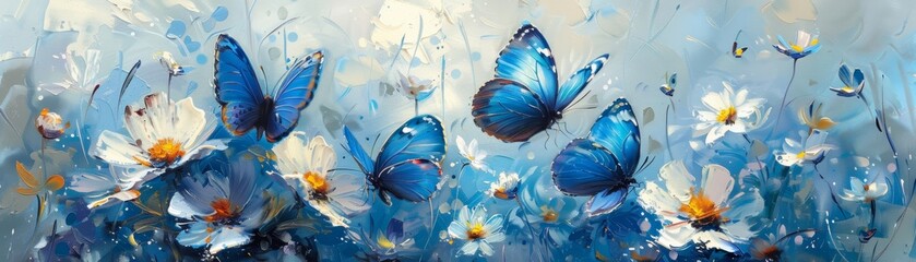Beautiful painting of blue butterflies among daisies with a dreamy, soft background, capturing the essence of nature and tranquility.