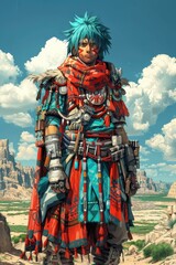 Obraz premium A colorful anime-style illustration of a post-apocalyptic survivor with a rugged outfit, adorned with makeshift gear.