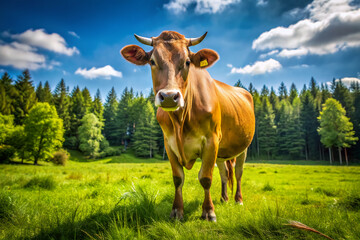 A serene brown cow with a slight smile grazes peacefully in a lush green meadow surrounded by tall trees under a sunny cloudless sky.