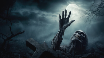 spooky Halloween concept. Zombie with hand coming out of graveyard soil at night with full moon