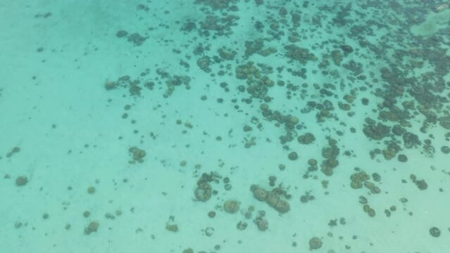 Aerial view of clear blue turquoise seawater, Andaman sea in Phuket island in summer season, Thailand. Water in ocean pattern texture wallpaper background.