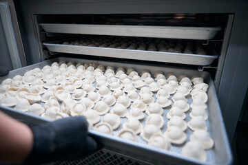 Workshop employee places a metal sheet with dumplings for freezing