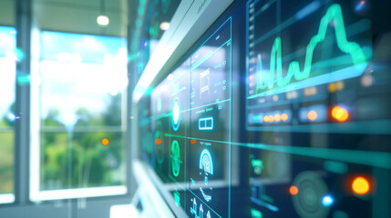 Hightech data analytics display with interactive graphs and charts set in modern, bright office environment, illustrating advanced technology and innovation.
