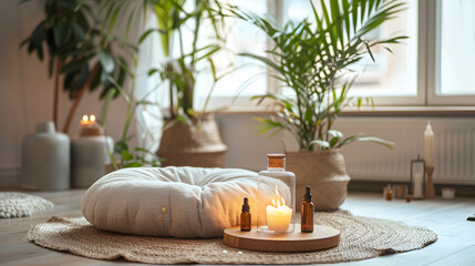 Tranquil Meditation Space with Candles and Essential Oils