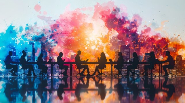 Silhouetted people engaged in a creative brainstorming session with vibrant watercolor background, reflecting collaboration and innovation.