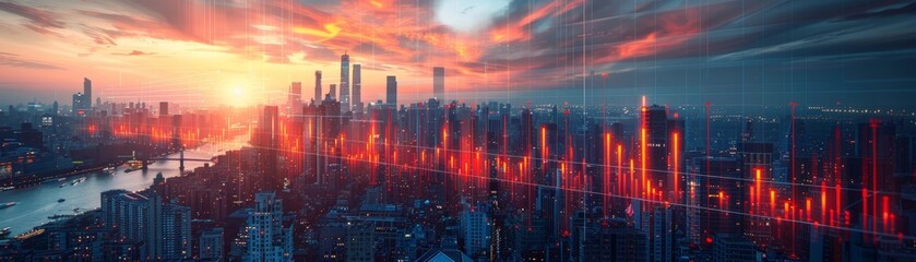 Fototapeta premium A futuristic cityscape at sunset with a digital financial graph overlay, representing modern urban life and technological advancements.