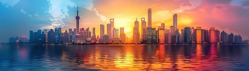 Fototapeta premium Stunning panoramic skyline of a modern city at sunset, with vibrant colors reflecting off the water, capturing urban beauty and architecture.