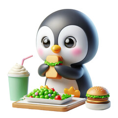 3d cute penguin eating lunch, burger, fruits