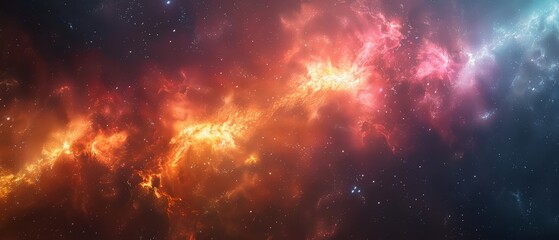 Fototapeta premium Vivid cosmic nebula in outer space with stunning colors of red, orange, and blue, showcasing the wonders of the universe.