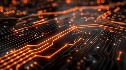 Minimalistic digital circuit with orange lines and white dots on a black background, dynamic and modern
