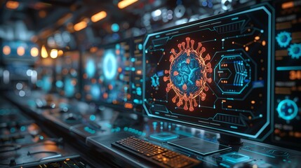 Futuristic computer interface displaying a digital virus. High-tech control room with cyber security and data analysis concept.