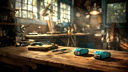 Two blue rechargeable batteries sit on a wooden workbench, surrounded by various tools, inside a workshop. The workbench is well-lit, but the rest of the workshop is slightly obscured