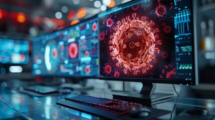 Close-up of a virus on a computer screen in a high-tech lab, depicting cybersecurity and health science research in a digital environment.
